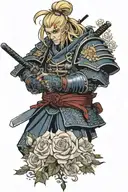 a blonde samurai with Roman style armour with roses on it tattoo design idea