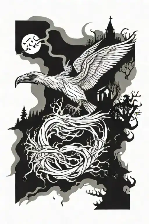 Hairy Potter themed arm sleeve. Dementor cirlcle the top of the forbidden forest tattoo design idea