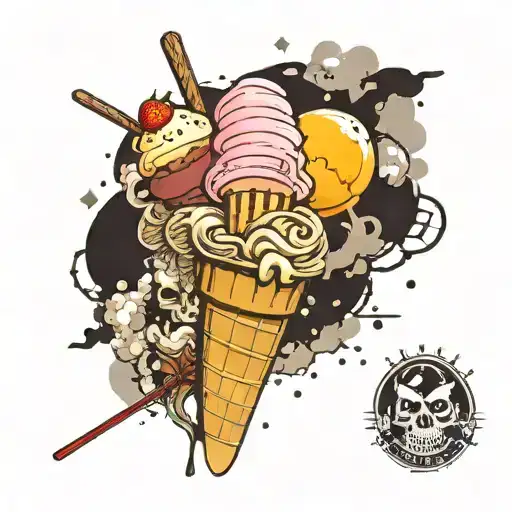an ice cream conquering the world, decadent, macabre, post apocalyptic tattoo design idea