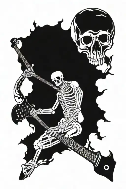 a tarot card with a skeleton metalhead playing a v shaped guitar on a mountain of amps, the text says "XII the mountain" tattoo design idea