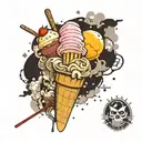 an ice cream conquering the world, decadent, macabre, post apocalyptic tattoo design idea