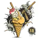 an ice cream conquering the world, decadent, macabre, post apocalyptic tattoo design idea