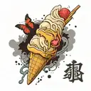 an ice cream conquering the world, decadent, macabre, post apocalyptic tattoo design idea