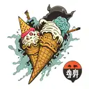 an ice cream conquering the world, decadent, macabre, post apocalyptic tattoo design idea
