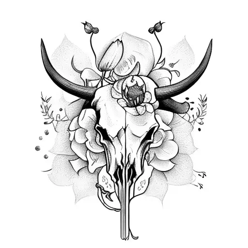 bull skull with honeysuckle narsiccus and tulips with symbols for a healer and free spirit tattoo design idea
