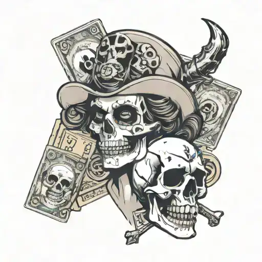 Woman with devil horns, Dollar Bills, Cards and Jack Daniels with a Skull in it  tattoo design idea