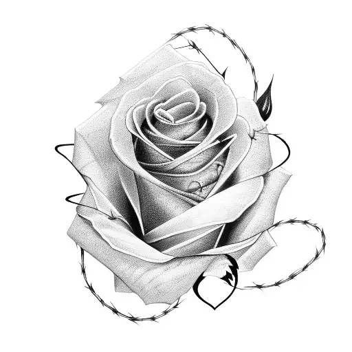 A sinister looking black rose with thorns entwined with barbed wire tattoo design idea