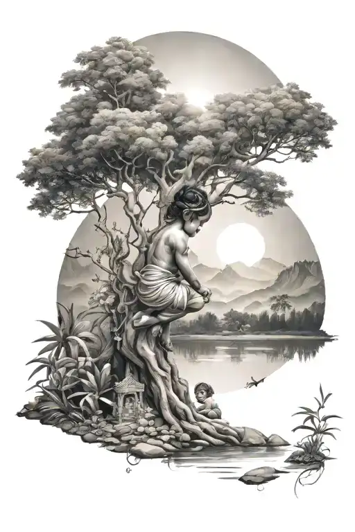 A little child is growing up under the shadow of Lord Krishna and all around there are trees, plants, mountains and sun. tattoo design idea