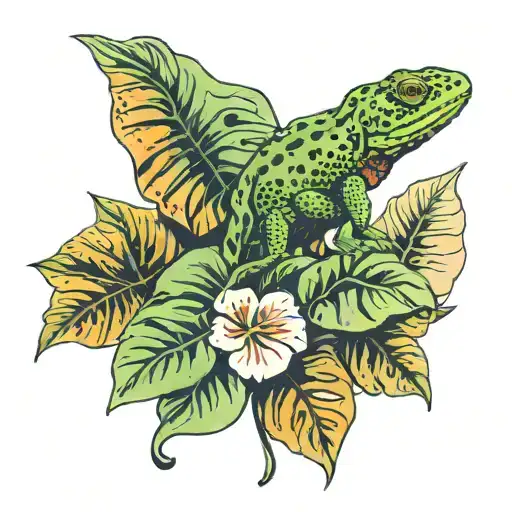 monstera vintage botanical with lizard tattoo design idea