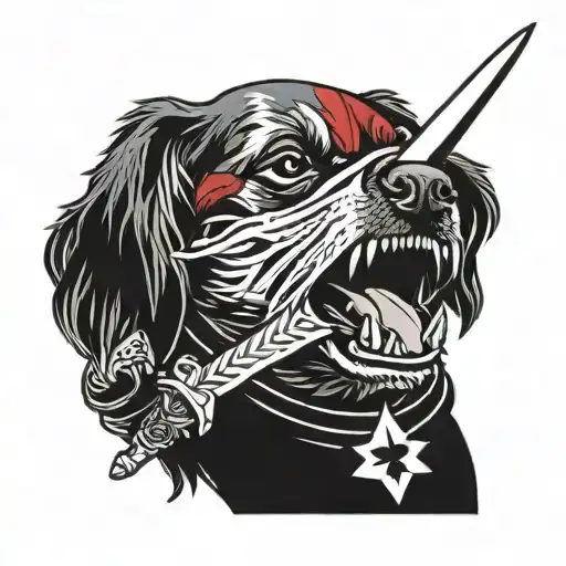 A fierce-looking dog holding a sword in its mouth, with a rebel flag draped around its neck tattoo design idea