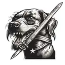 A fierce-looking dog holding a sword in its mouth, with a rebel flag draped around its neck tattoo design idea