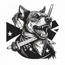 A fierce-looking dog holding a sword in its mouth, with a rebel flag draped around its neck tattoo design idea