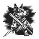 A fierce-looking dog holding a sword in its mouth, with a rebel flag draped around its neck tattoo design idea