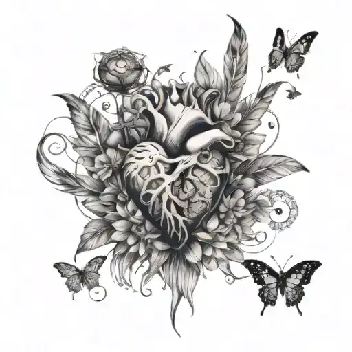 Waterfall with anatomical heart, feathers to fill in empty space, butterflies, allium flower, compass tattoo design idea
