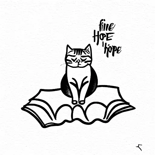 fine line tattoo with a cat, the word Hope written in it, and books incorporated tattoo design idea