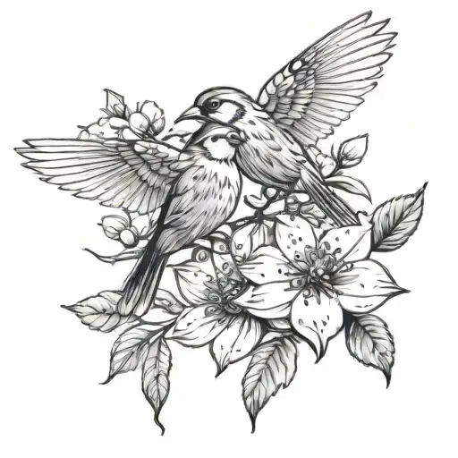 two gold finches on flowes with honey bees flying around them  tattoo design idea
