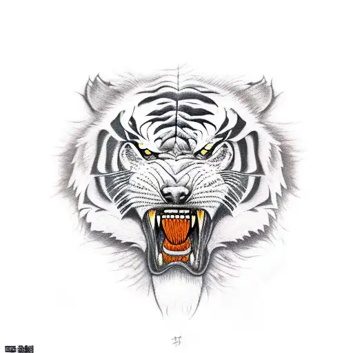 Angry growling tiger showing teeth, Orange eyes tattoo design idea