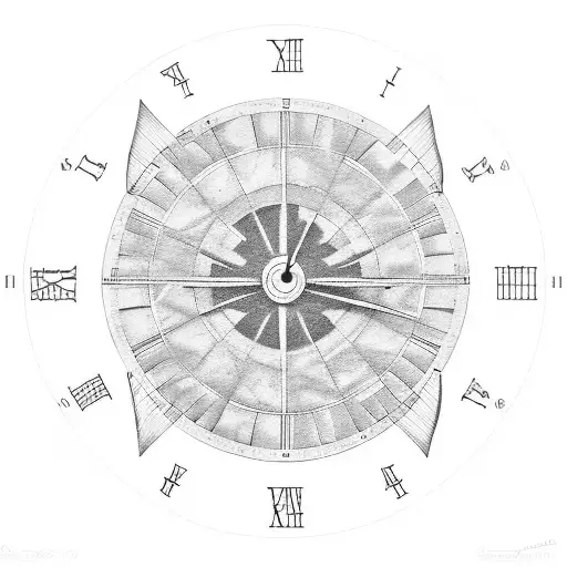 round dial divided into 4 equal quarters. I only want black and white. The line should be thin. In one of the quarters,  tattoo design idea