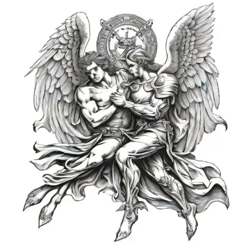 good male angel and bad male angel sleeve for leg tattoo design idea