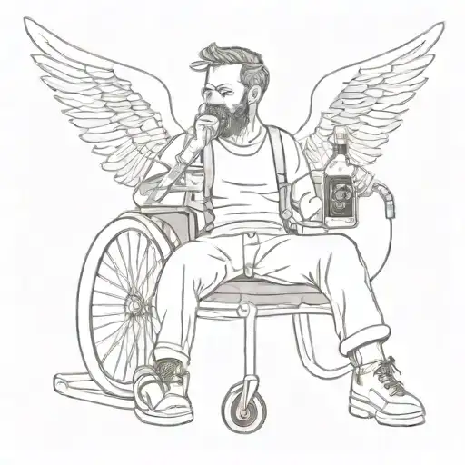an Angel sitting in a wheelchair holding a Jack daniels and coca cola with fluffy socks on  tattoo design idea