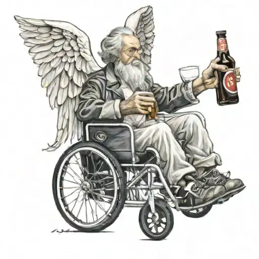 an Angel sitting in a wheelchair holding a Jack daniels and coca cola with fluffy socks on  tattoo design idea