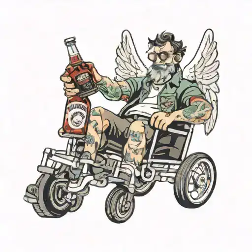 an Angel with cerebral palsy sitting in a wheelchair holding a Jack daniels and coca cola with fluffy socks on  tattoo design idea