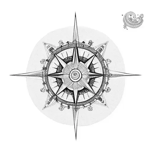 A grand piano surrounded by intricate compass roses tattoo design idea