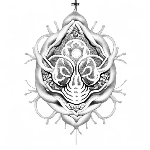 A detailed blackwork tattoo of a brain surrounded by intricate religious symbols tattoo design idea