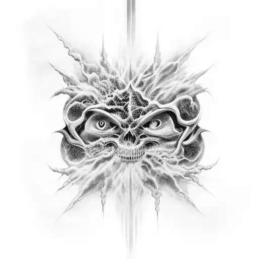 A black-grey tattoo depicting the concept of heaven and hell merging together in a surreal and abstract way tattoo design idea