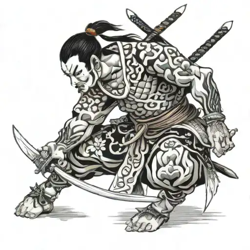 samorai warrior holding his sword with arrows at his back bending on his knees. ready to fight tattoo design idea