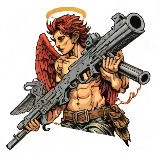 A red-winged angel with a machine gun in one hand and an Uzi in the other. tattoo design idea