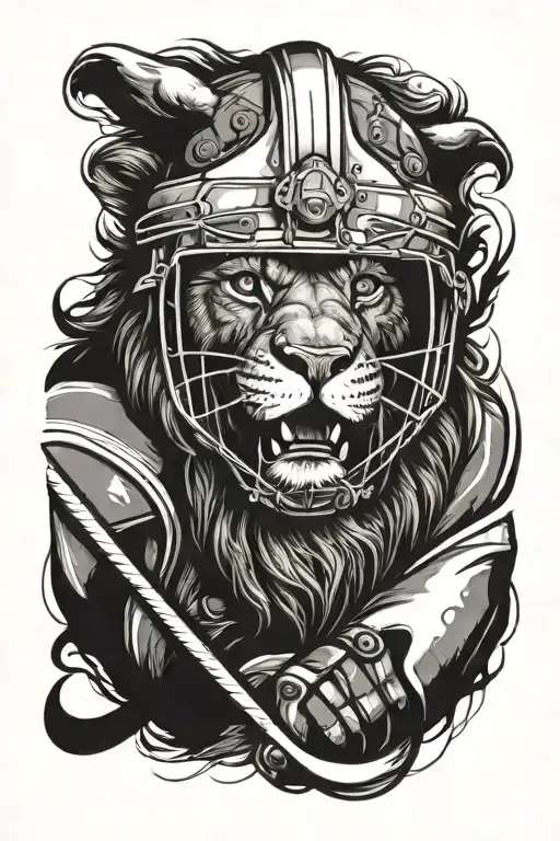 lion in a hockey player's helmet tattoo design idea