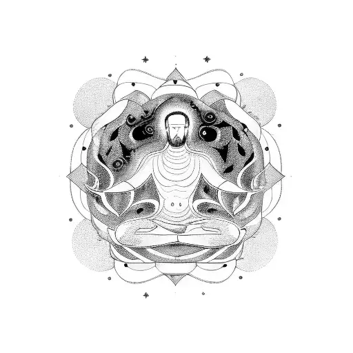 A mesmerizing blackwork tattoo of a meditating teacher surrounded by swirling galaxies and planets tattoo design idea
