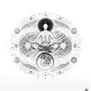 A mesmerizing blackwork tattoo of a meditating teacher surrounded by swirling galaxies and planets tattoo design idea