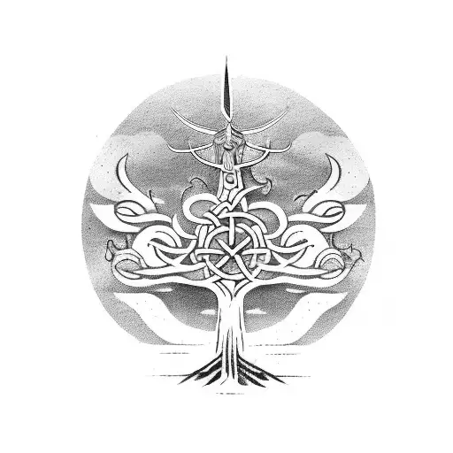 viking tree with bull and crane Celtic style soundded by runes and and a Viking battlefield tattoo design idea