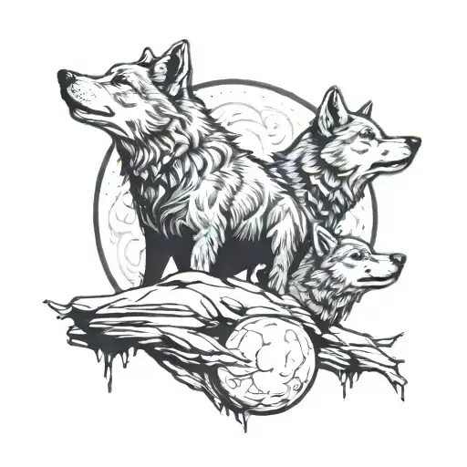 three wolf cubs silhouette in moon tattoo design idea