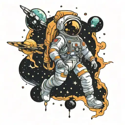 badenji astronaut floating in space surrounded tattoo design idea