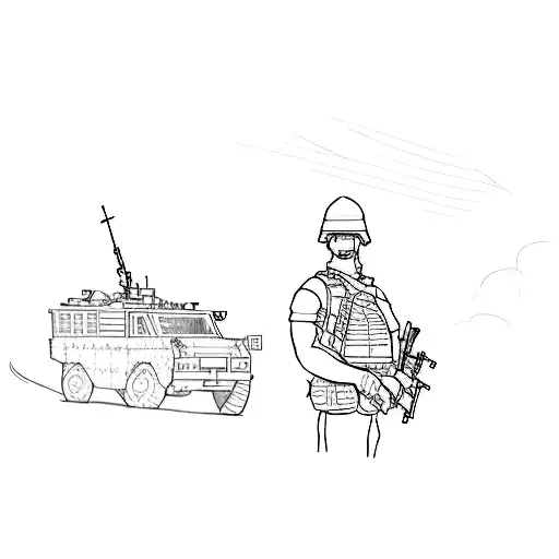 a soldier standing in front of an armored vehicle tattoo design idea