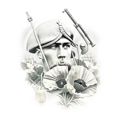 ww2 memorial with soldiers and poppies tattoo design idea