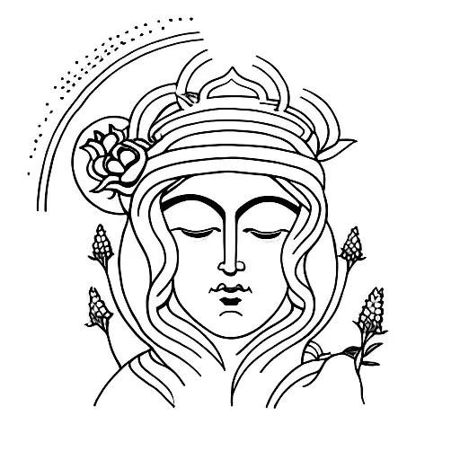 A minimalist tattoo of Our Lady, symbolizing spirituality and devotion, surrounded by a garden of flowers tattoo design idea