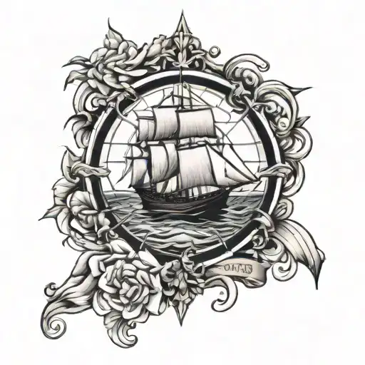 nautical compass rose with sailing ship sailing through a sea tattoo design idea