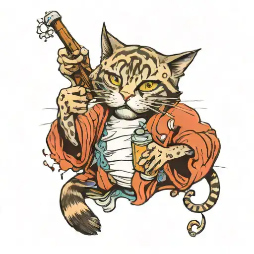 cat on hind legs smoking a cigarette wearing a hospital robe, holding a drip in one hand tattoo design idea