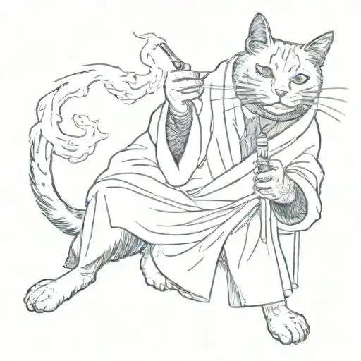 cat wearing hospital robe, standing on hind legs smoking a cigarette whilst holding a drip in the other hand  tattoo design idea