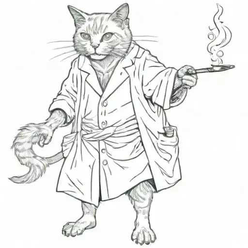 old cat wearing hospital robe, standing on hind legs smoking a cigarette whilst holding a IV drip in the other hand  tattoo design idea