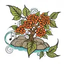 rowan tree, water at ford, rocks, and love of music and helping people tattoo design idea