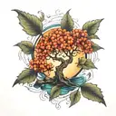 rowan tree, water at ford, rocks, and love of music and helping people tattoo design idea