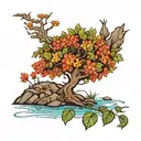 rowan tree, water at ford, rocks, and love of music and helping people tattoo design idea