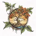 rowan tree, water at ford, rocks, and love of music and helping people tattoo design idea