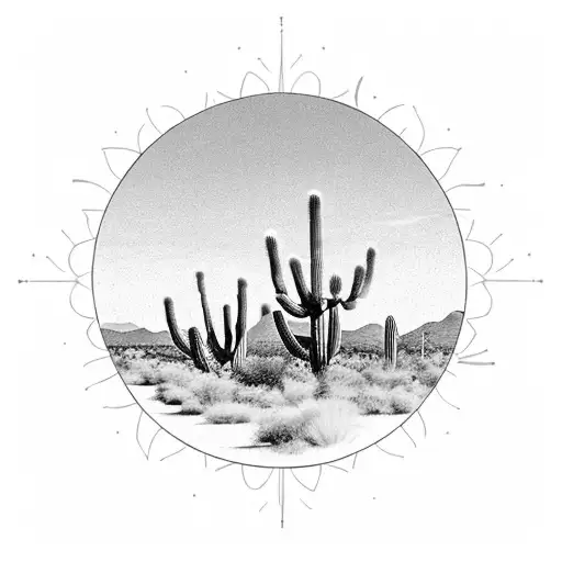 A realistic depiction of a saguaro cactus with the Arizona landscape reflected in its spines, as the sun sets in the background. tattoo design idea
