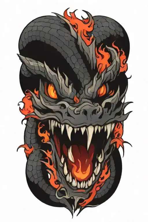 dragon with fangs and red eyes surrounded and flames coming out of it with fangs  tattoo design idea